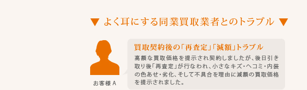 よく耳にする同業買取業者とのトラブル／買取契約後の「再査定」「減額」トラブル