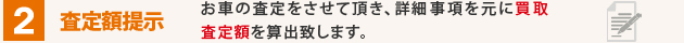 査定額提示 お車の査定をさせて頂き、詳細事項を元に買取査定額を算出致します。