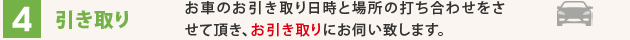 引き取り お車のお引き取り日時と場所の打ち合わせをさせて頂き、お引き取りにお伺い致します。